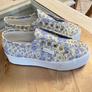 Superga x LoveShackFancy Low Top Platform Sneaker in Purple Rain, Floral, Size 6
